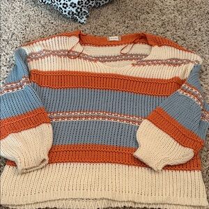 Altar'd State V-Neck Striped Sweater - Cream, Blue, and Orange